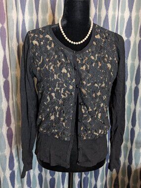 NWT Motive Black Lace Cardigan Sweater Medium Elegant Button Front